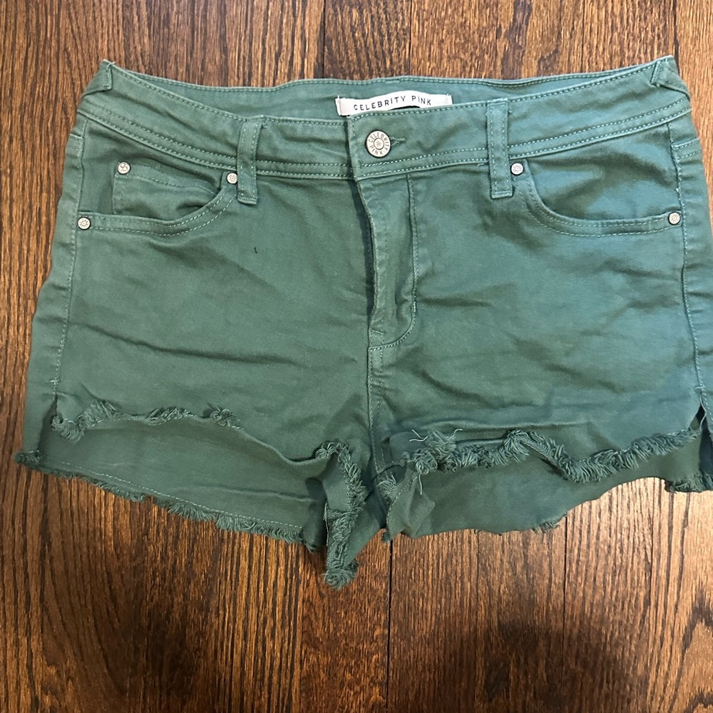 Celebrity Pink Green Frayed Jean Shorts